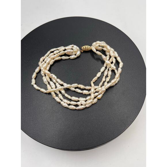 Yellow‎ Gold Clasp Multi Strand White Textured Freshwater Rice Pearl bracelet - Picture 8 of 8